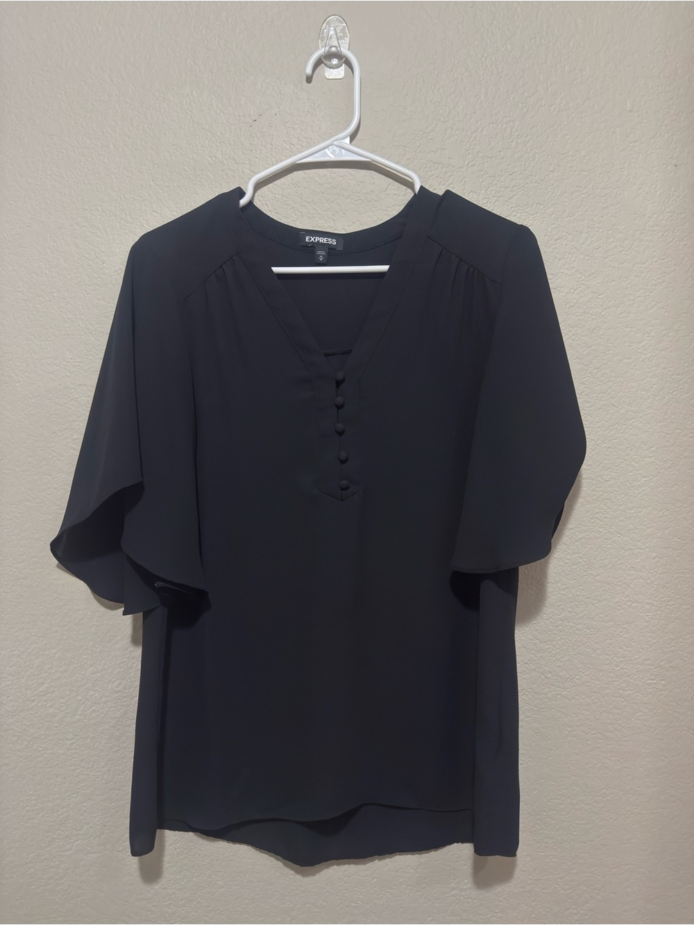 Express Black Flutter-Sleeve V-Neck Blouse with Covered Buttons